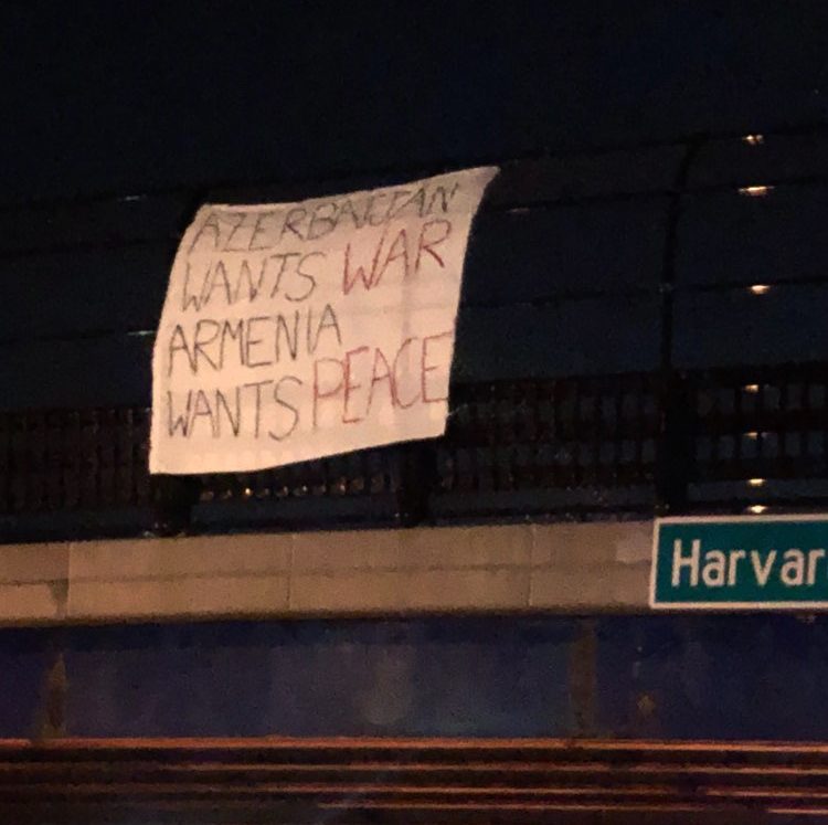 'Azerbaijan Wants War, Armenia Wants Peace' Banner Hung In Boston, Massachusetts.